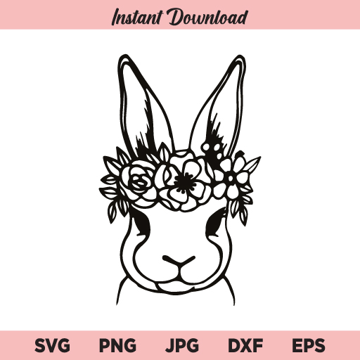 Rabbit with Flower Crown SVG, Rabbit Face SVG, Floral Rabbit SVG, PNG, DXF, Cricut, Cut File, Clipart