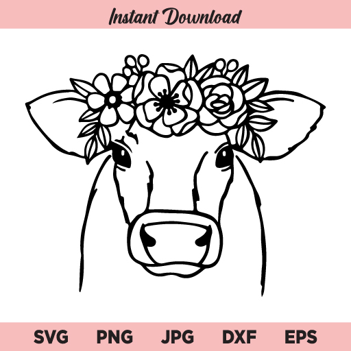Cow with Flower Crown SVG, Cow With Flowers On Head SVG, Cute Cow SVG, PNG, DXF, Cricut, Cut File, Clipart