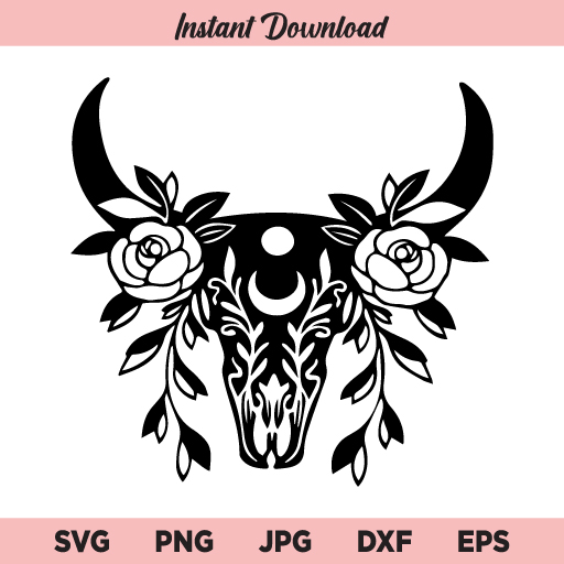 Floral Cow Skull SVG, Cow Skull SVG, Cow Skull With Flowers SVG, Bull Skull SVG, PNG, DXF, Cricut, Cut File